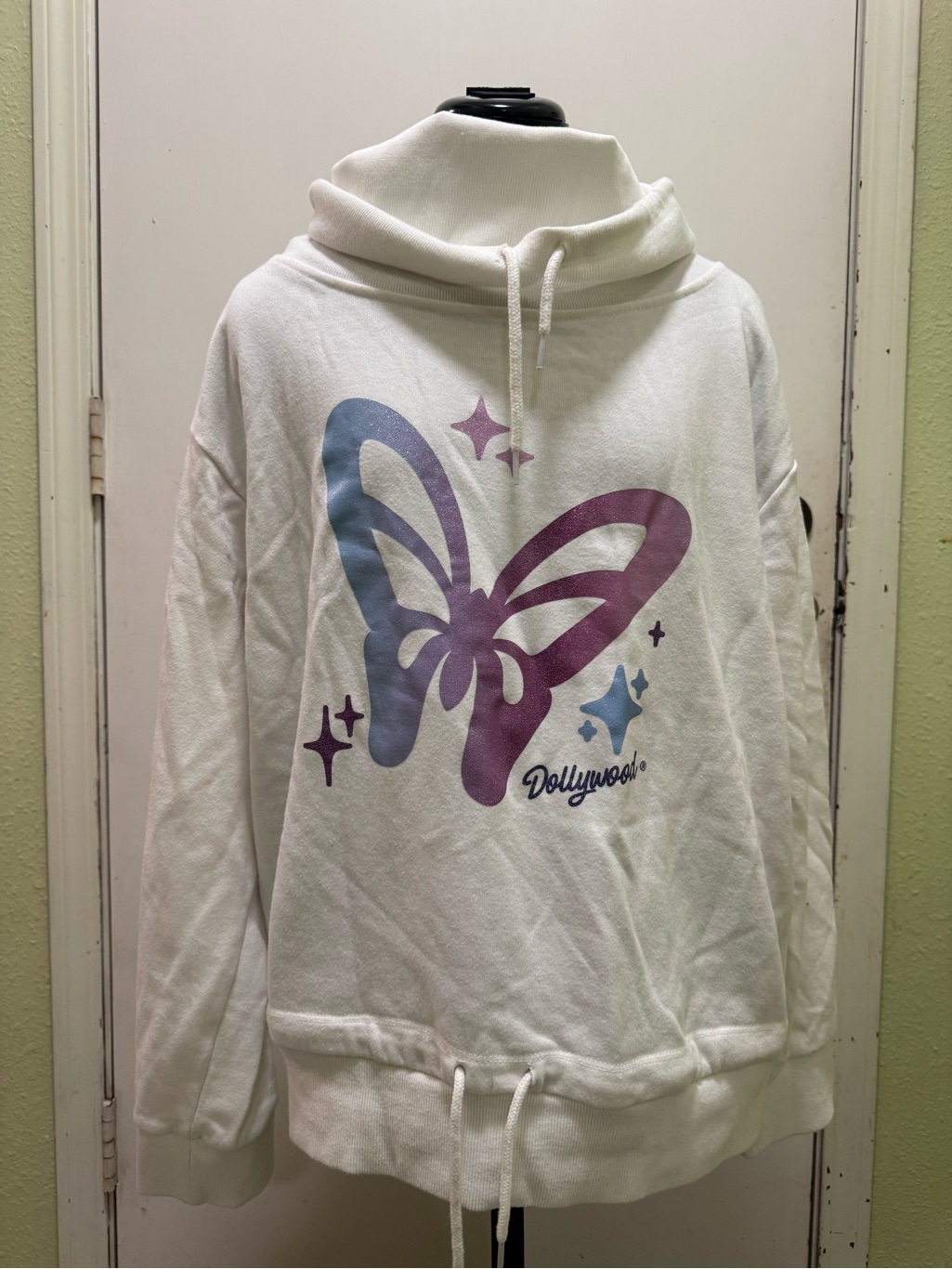 Mv Sport White Cowl-Neck Sweater With Purple And Blue Butterfly Graphic Xxl